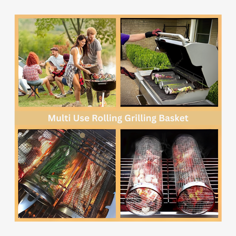 BBQ Rolling Grilling Basket with Cooking Forks and Hooks (Pack of 2)